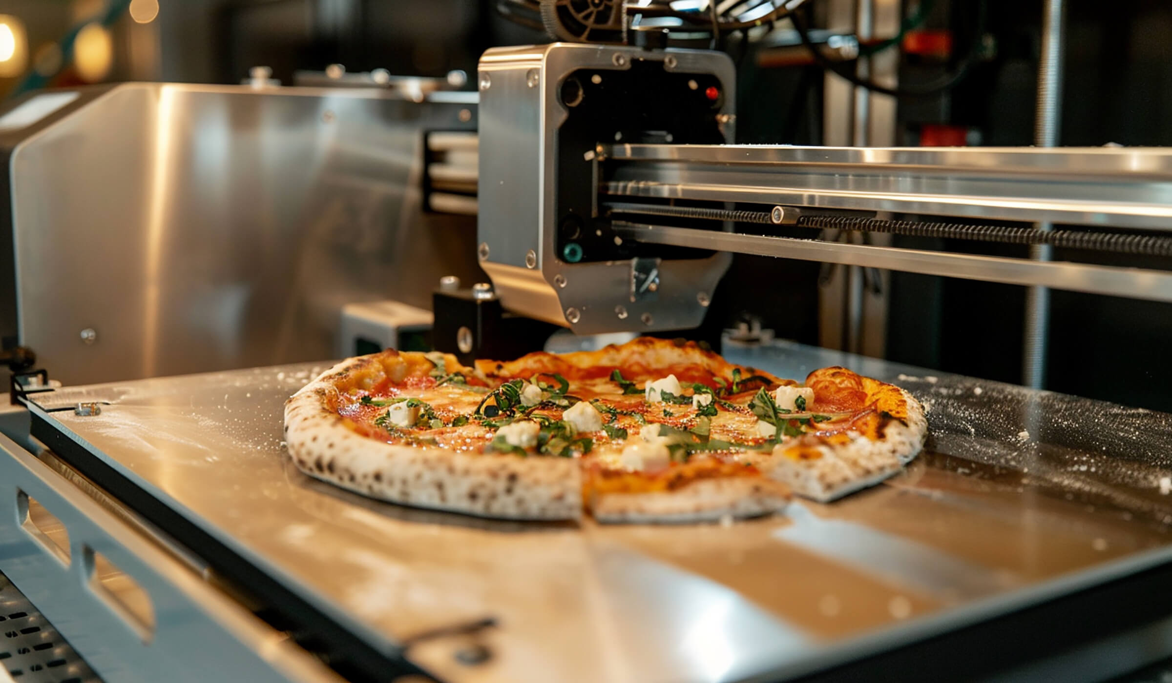 An AI-generated image of a pizza being eD printed